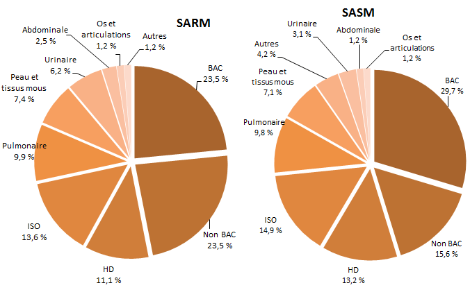 Figure 3 – Répartition des bactériémies nosocomiales à SARM et à SASM (cat. 1a, 1b et 1c) selon le type d’infection, Québec, 2016-2017 (SARM : N = 81; SASM : N = 590) Figure 3 – Répartition des bactériémies nosocomiales à SARM et à SASM (cat. 1a, 1b et 1c) selon le type d’infection, Québec, 2016-2017 (SARM : N = 81; SASM : N = 590)